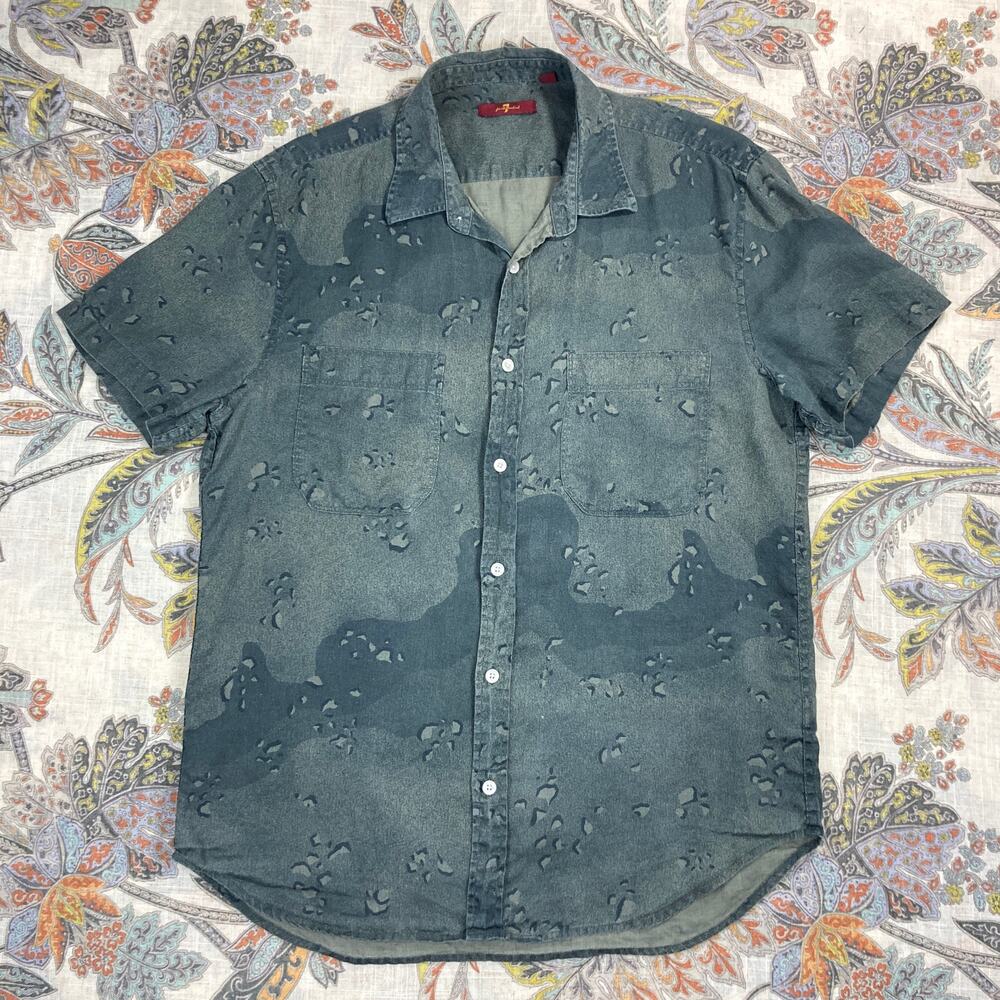 7 For All Mankind Linen Green Camouflage Style Short Sleeve Button Shirt M Camo